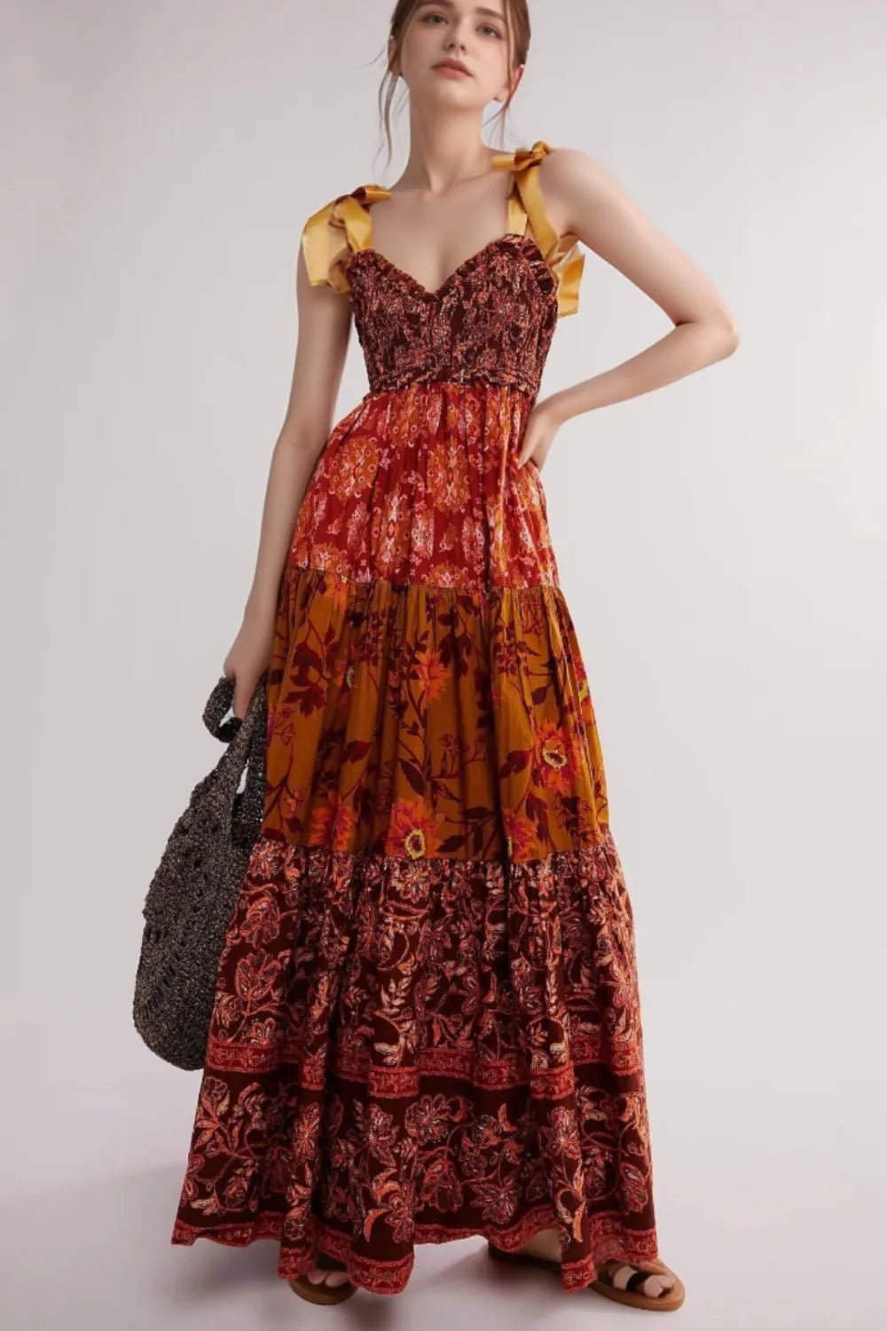 Floral Tiered Maxi Dress with Mixed Print Design - adritiX
