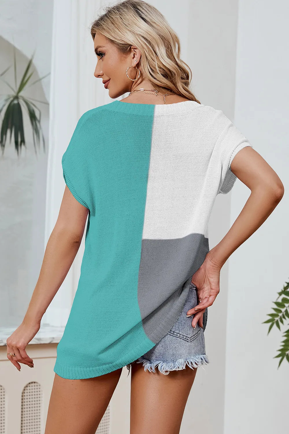 Color Block V-Neck Short Sleeve Knit Top - adritiX