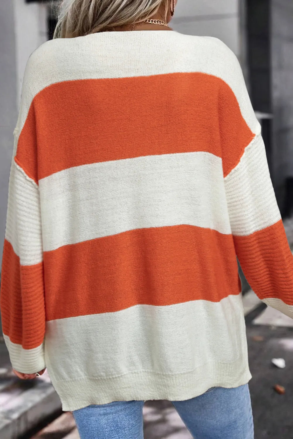 Color Block Dropped Shoulder V-Neck Sweater - adritiX