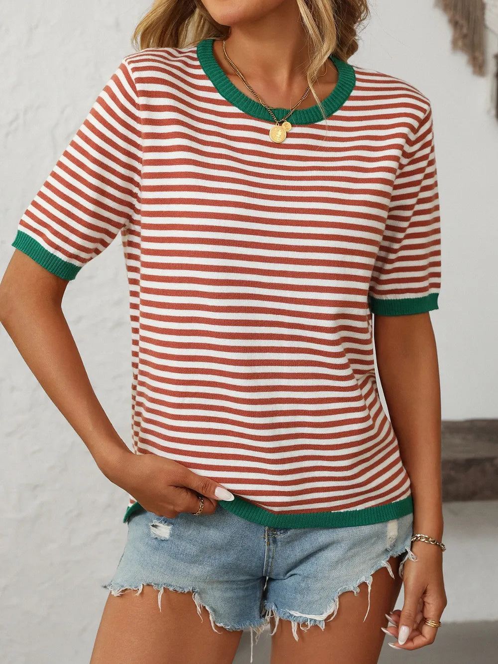 Mandy Striped Round Neck Half Sleeve Knit Top - adritiX