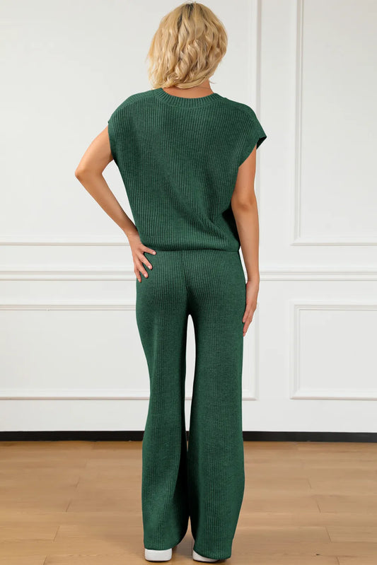 Pocketed V-Neck Top and Wide Leg Sweater Set - adritiX