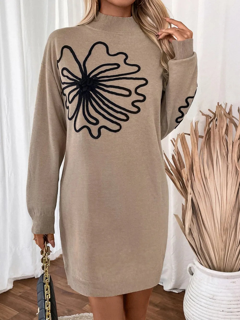 Perfee Flower Mock Neck Long Sleeve Sweater Dress - adritiX