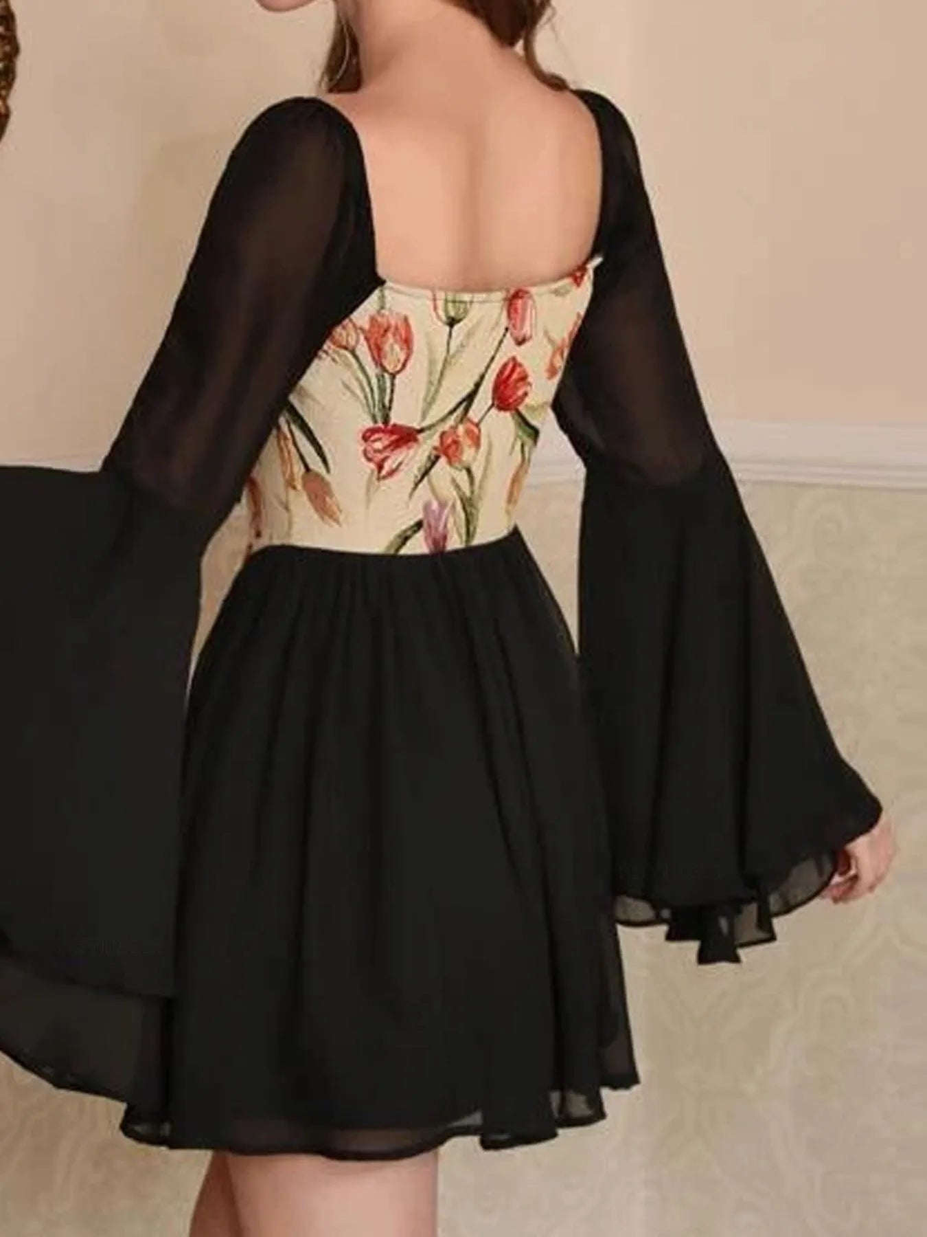 Floral Lace Up Long Sleeve Mini Dress - adritiX