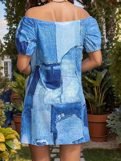 Patchwork Off Shoulder Denim Mini Dress - adritiX
