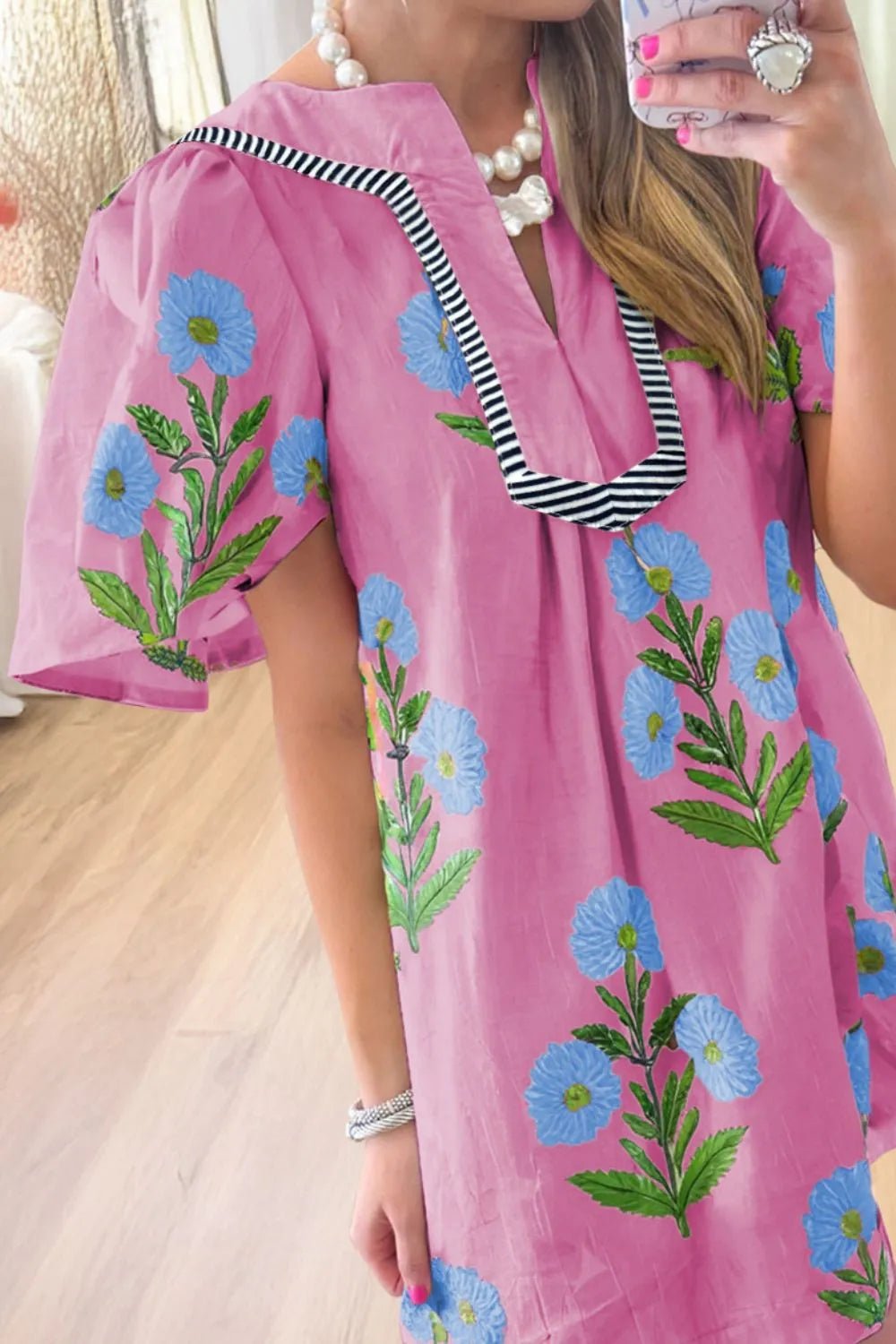 Floral Notched Summer Mini Dress with Striped Trim - adritiX