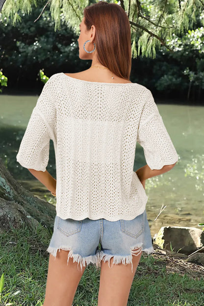 Openwork Round Neck Half Sleeve Knit Top - adritiX