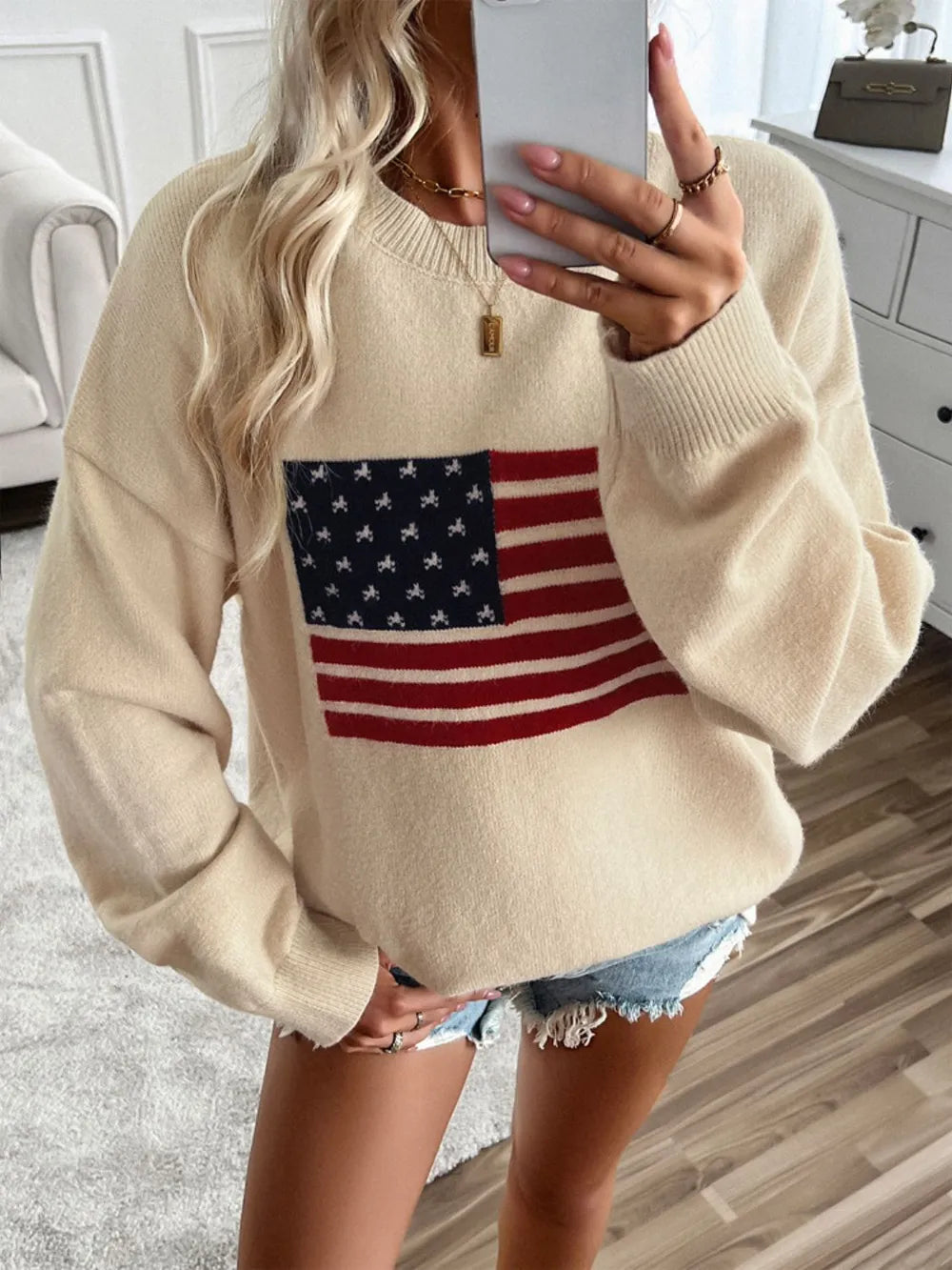 Devine US Flag Round Neck Long Sleeve Knit Top - adritiX