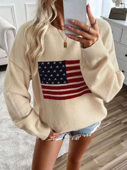 Devine US Flag Round Neck Long Sleeve Knit Top - adritiX