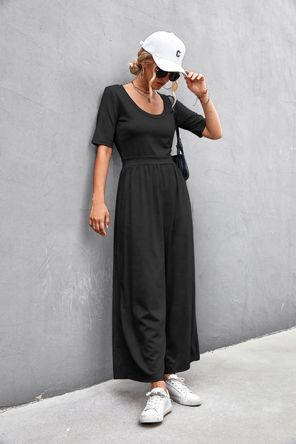 Elegant Scoop Neck Half Sleeve Wide Leg Jumpsuit - adritiX