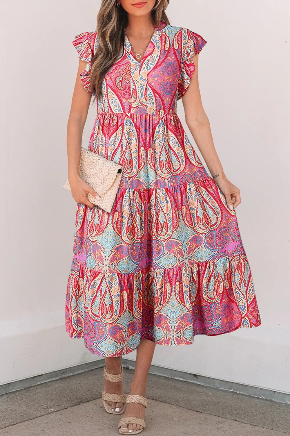 Tribal Paisley Print Ruffled Sleeve Notch Neck Midi Dress - adritiX