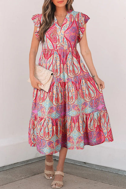 Tribal Paisley Print Ruffled Sleeve Notch Neck Midi Dress - adritiX