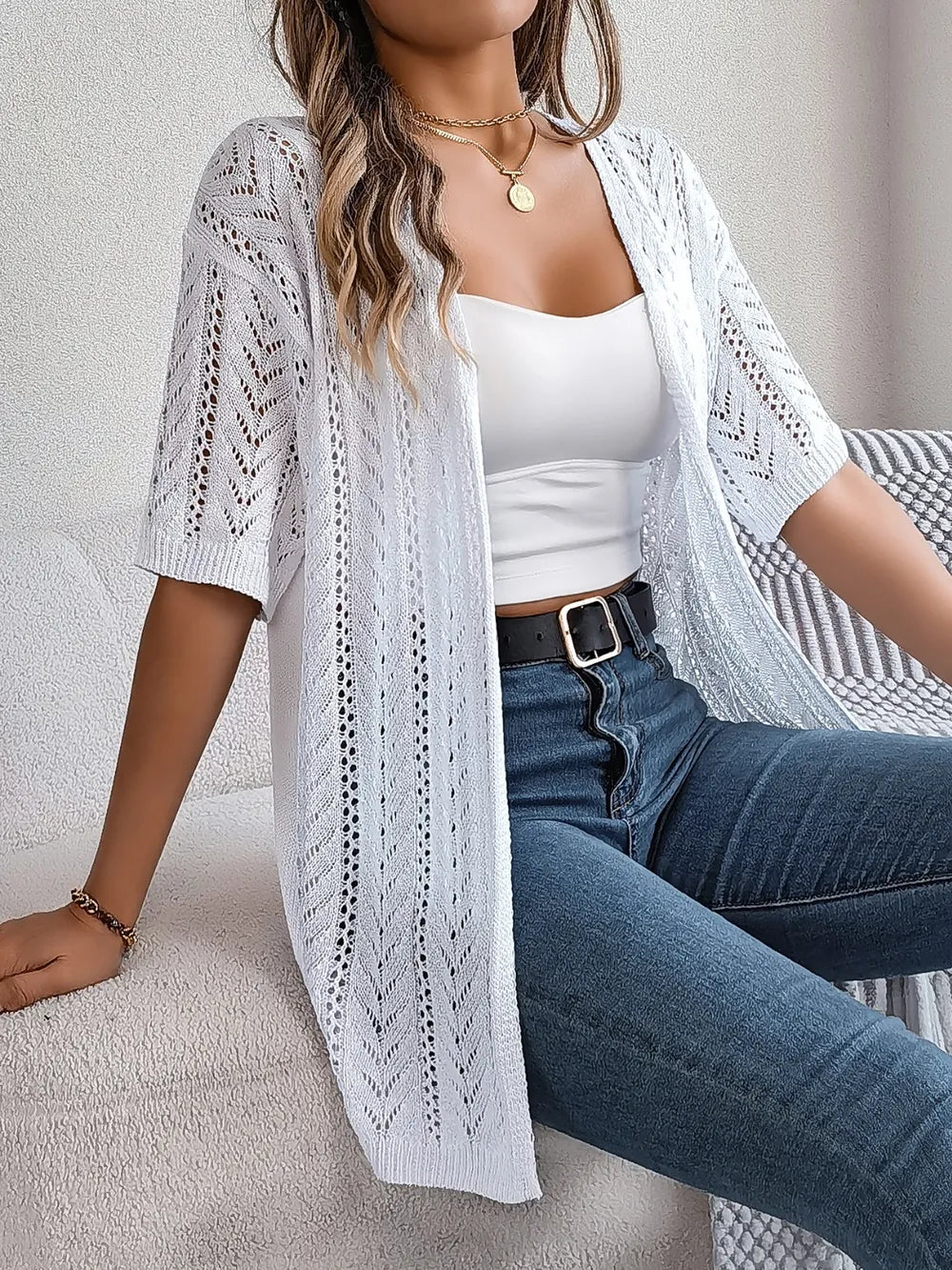 Openwork Open Front Half Sleeve Cardigan - adritiX