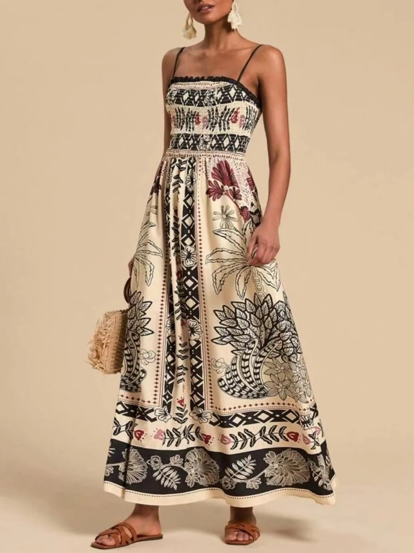 Elegant Smocked Printed Spaghetti Strap Maxi Summer Dress - adritiX