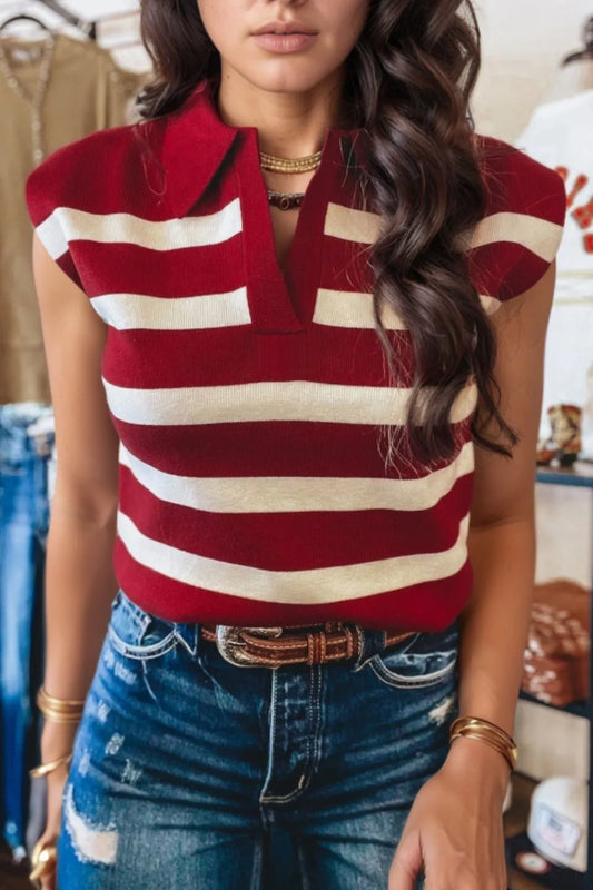 Collared Neck Striped Sweater Vest - adritiX