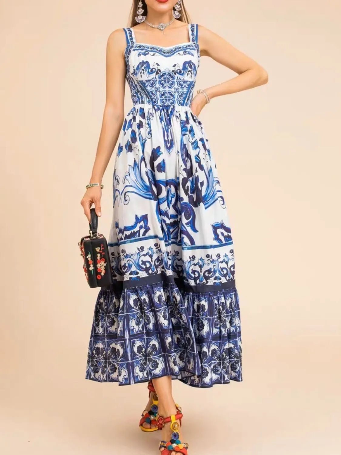 Smocked Printed Wide Strap Dress - adritiX