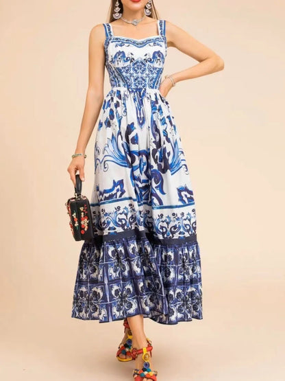 Smocked Printed Wide Strap Dress - adritiX