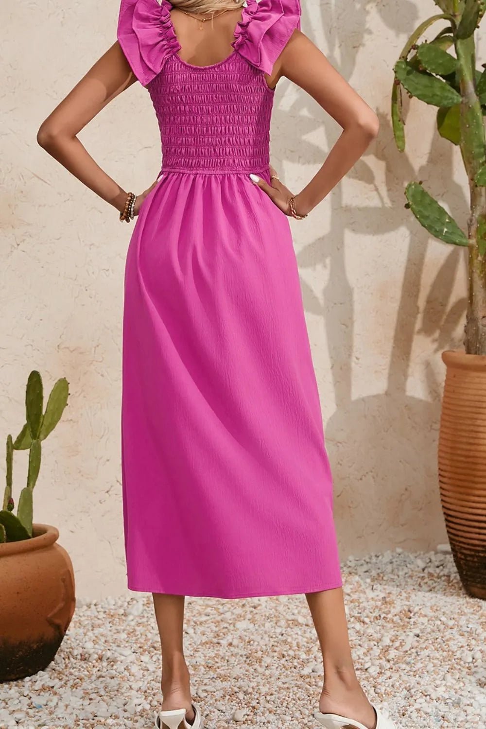 Solid Color Ruffled Straps Smocked Ruched Maxi Dress - adritiX