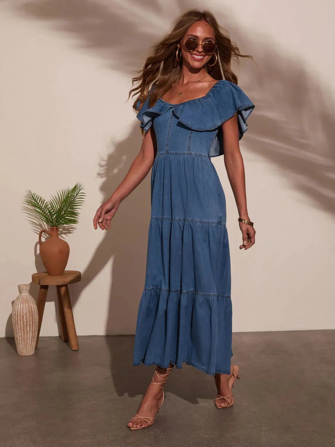 Off Shoulder Ruffle Tiered Denim Dress - adritiX