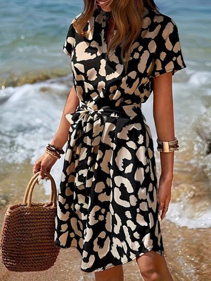 Leopard Notched Tie Waist Midi Dress - adritiX