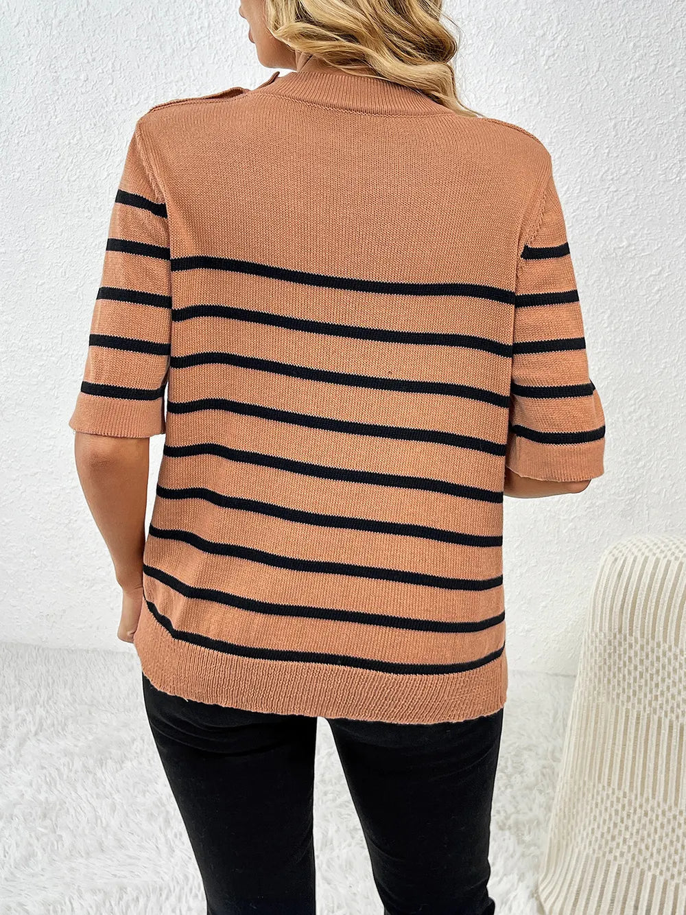 Striped Round Neck Half Sleeve Knit Top - adritiX