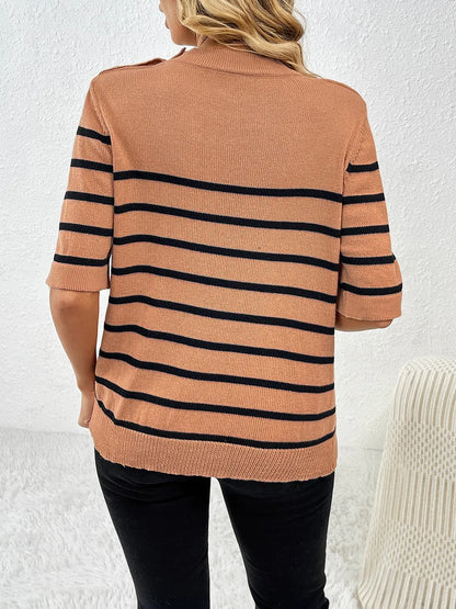 Striped Round Neck Half Sleeve Knit Top - adritiX
