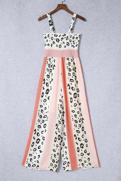 Elegant Leopard Color Block Smocked Jumpsuit - adritiX