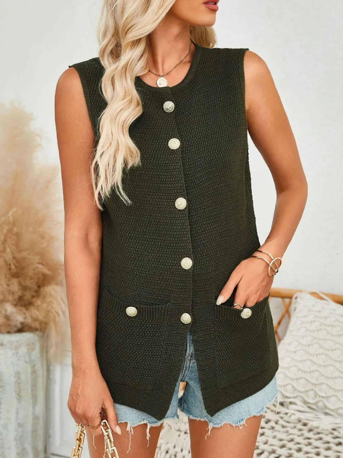 Button Down Round Neck Knit Vest - adritiX