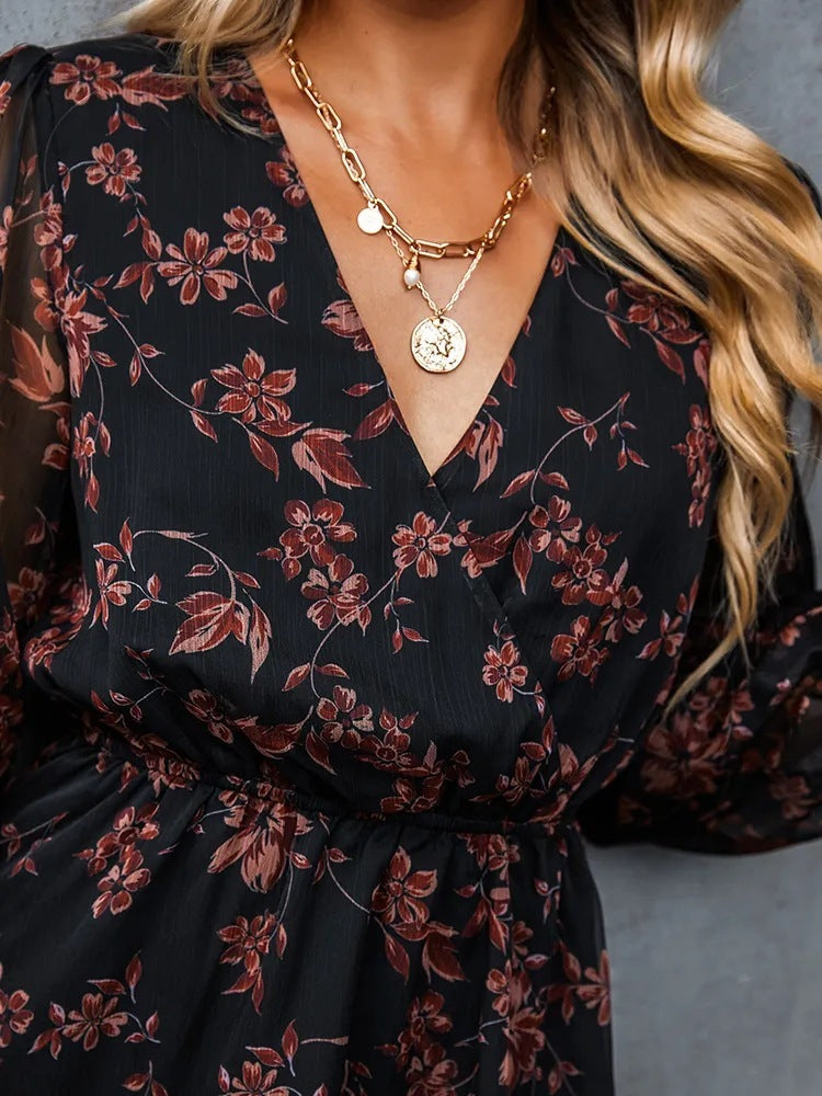 Elegant V-neck Elegant Chiffon Printed Floral Spring See-through Dress - adritiX