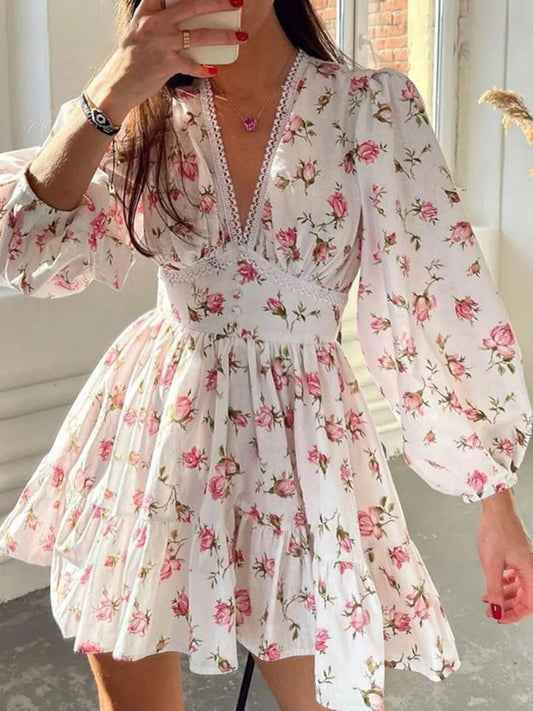 Lace Detail V-Neck Balloon Sleeve Dress - adritiX
