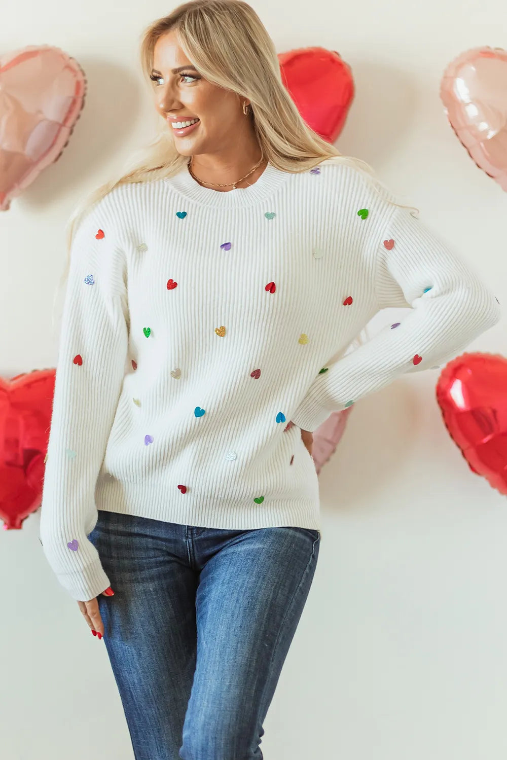 Heart Sequin Round Neck Long Sleeve Sweater - adritiX