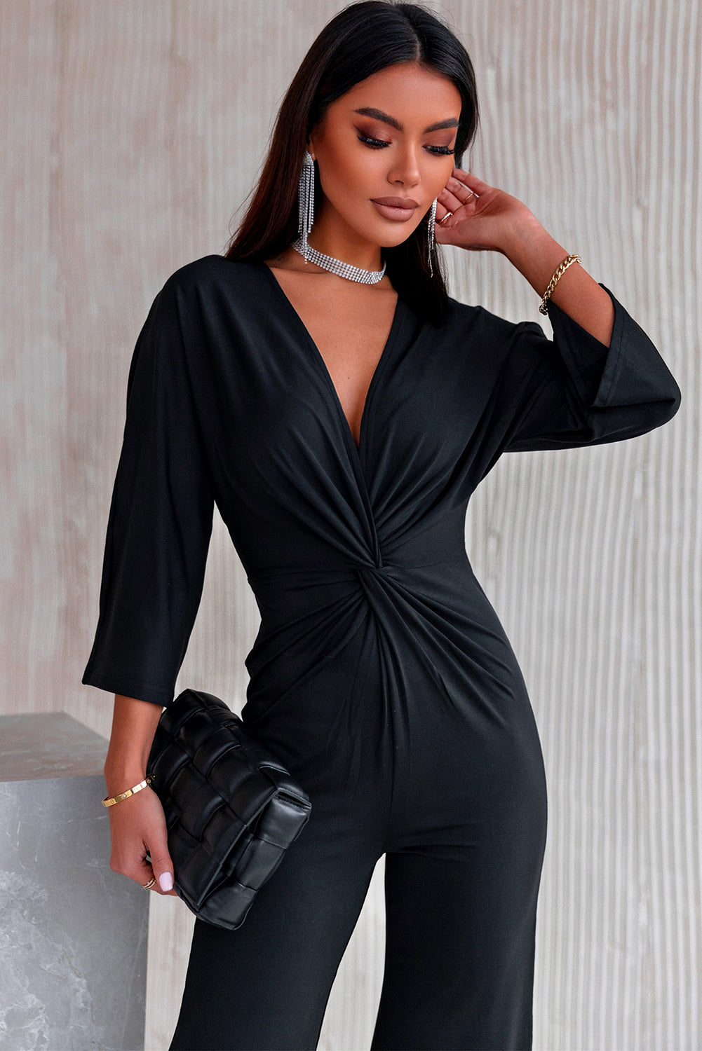 Elegant Twisted Plunge Three-Quarter Sleeve Jumpsuit - adritiX