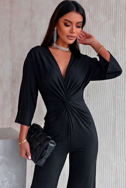 Elegant Twisted Plunge Three-Quarter Sleeve Jumpsuit - adritiX