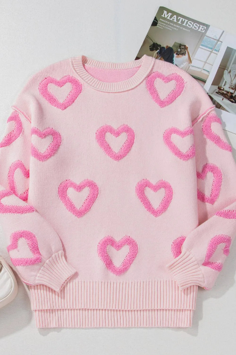 High-Low Heart Round Neck Long Sleeve Sweater - adritiX