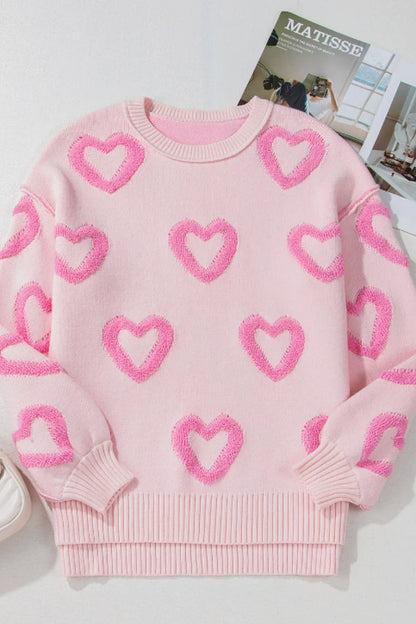 High-Low Heart Round Neck Long Sleeve Sweater - adritiX