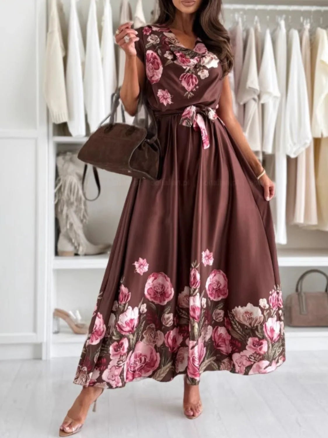 Tie Waist Floral Cap Sleeve Dress - adritiX