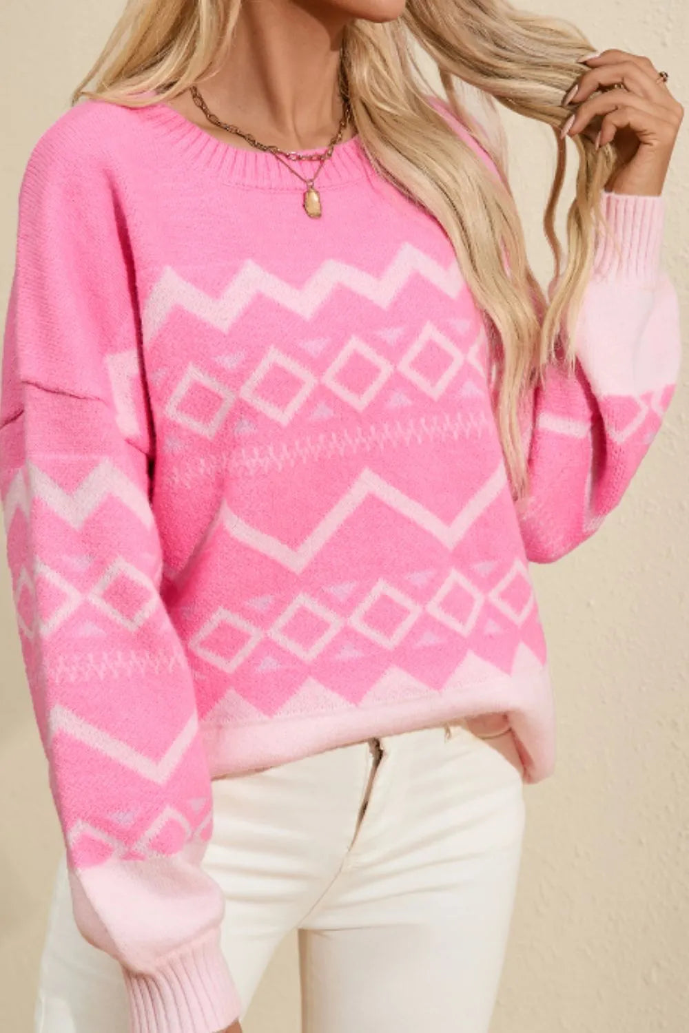 Geometric Drop Shoulder Long Sleeve Sweater - adritiX