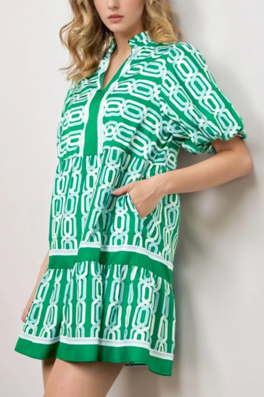 Abstract Patterned V Neck Puff Short Sleeve Mini Dress - adritiX