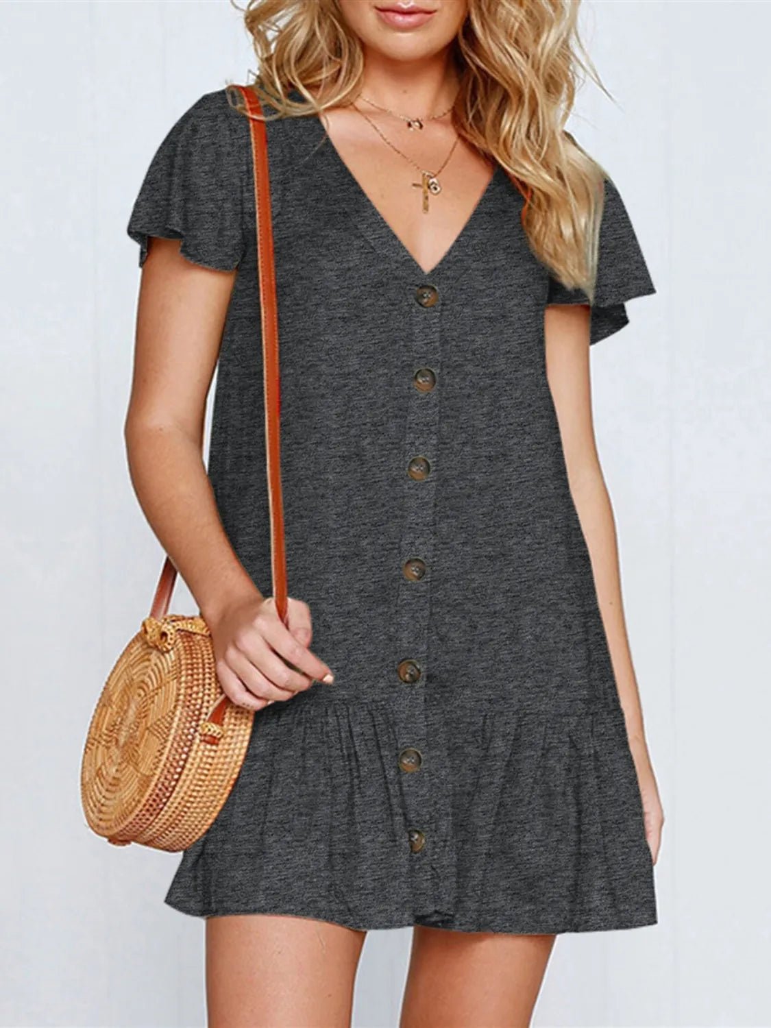 Ruffled V-Neck Mini Dress - adritiX