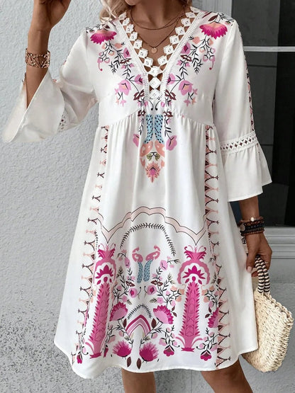 Lace Detail Printed Three-Quarter Sleeve Dress - adritiX