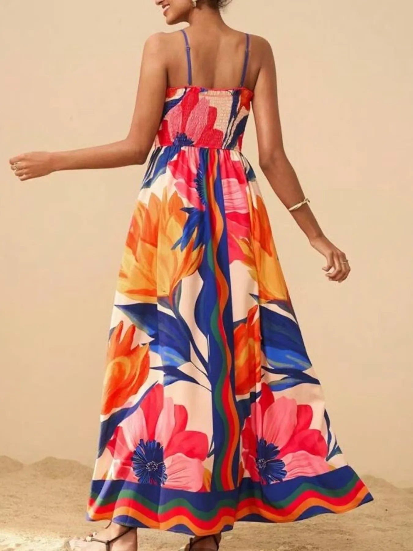 Elegant Smocked Printed Spaghetti Strap Maxi Summer Dress - adritiX