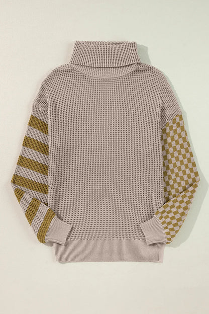 Striped & Checkered Turtleneck Dropped Shoulder Sweater - adritiX