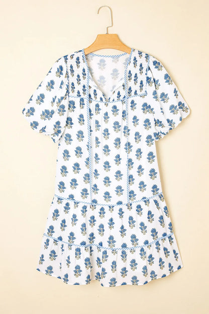 Elegant Floral Puff Sleeve Mini Dress with Pockets - adritiX