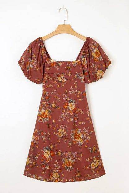 Floral Puff Sleeve Square Neck Knot Open Back Mini Dress - adritiX
