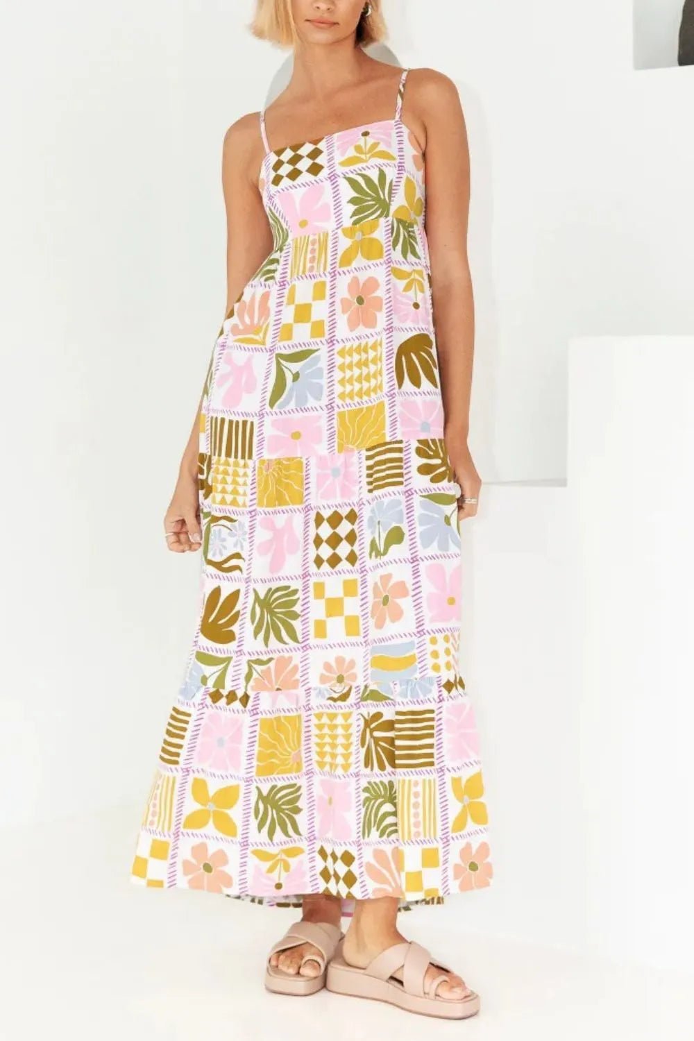 Cutout Back Printed Square Neck Maxi Cami Dress - adritiX