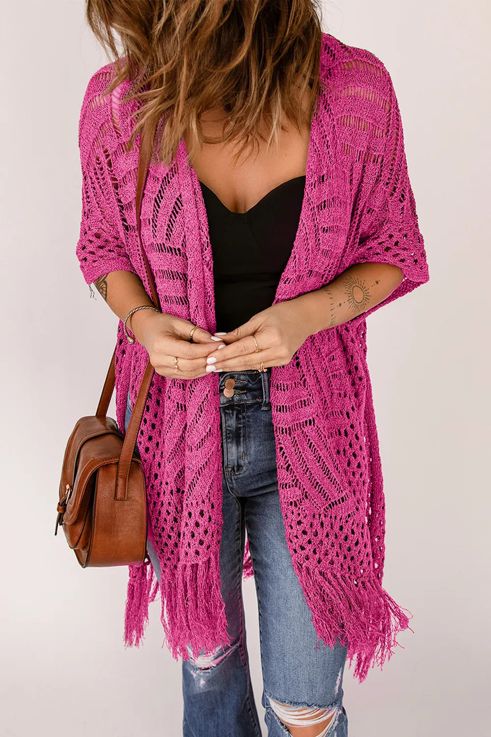 Openwork Open Front Cardigan with Fringes - adritiX