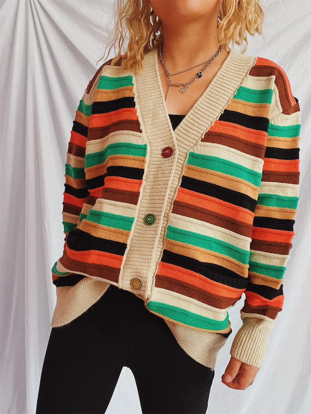 Contrast Stripes Button Up Long Sleeve Cardigan - adritiX