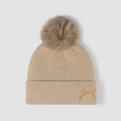 Thermal Bow Knit Hat with Pompom - adritiX