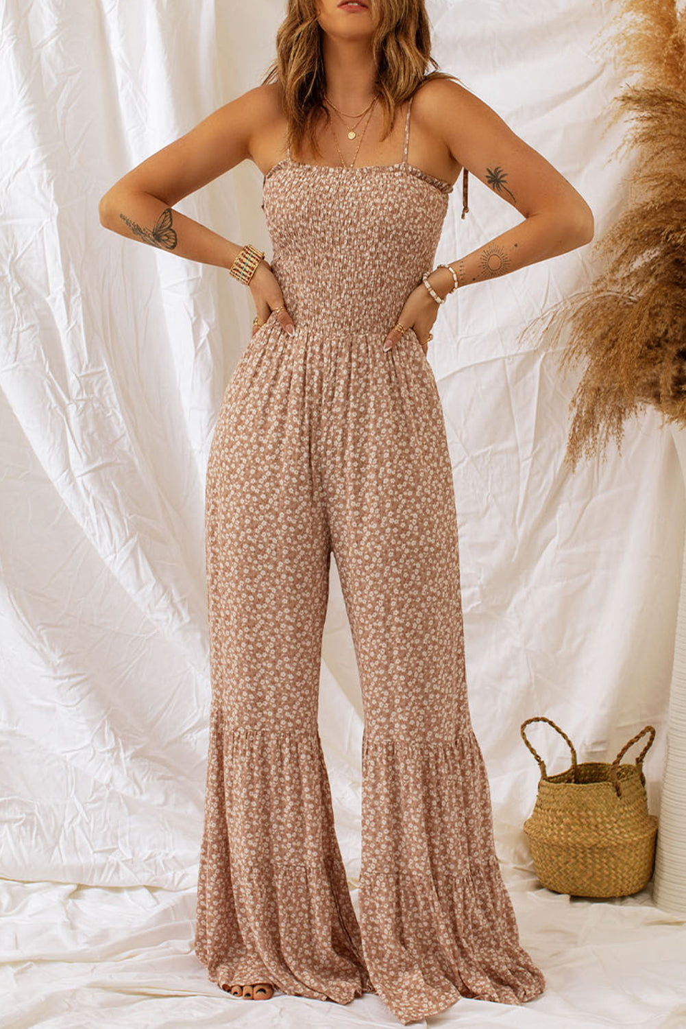 Elegant Floral Spaghetti Strap Smocked Wide Leg Jumpsuit - adritiX