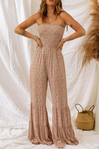 Elegant Floral Spaghetti Strap Smocked Wide Leg Jumpsuit - adritiX
