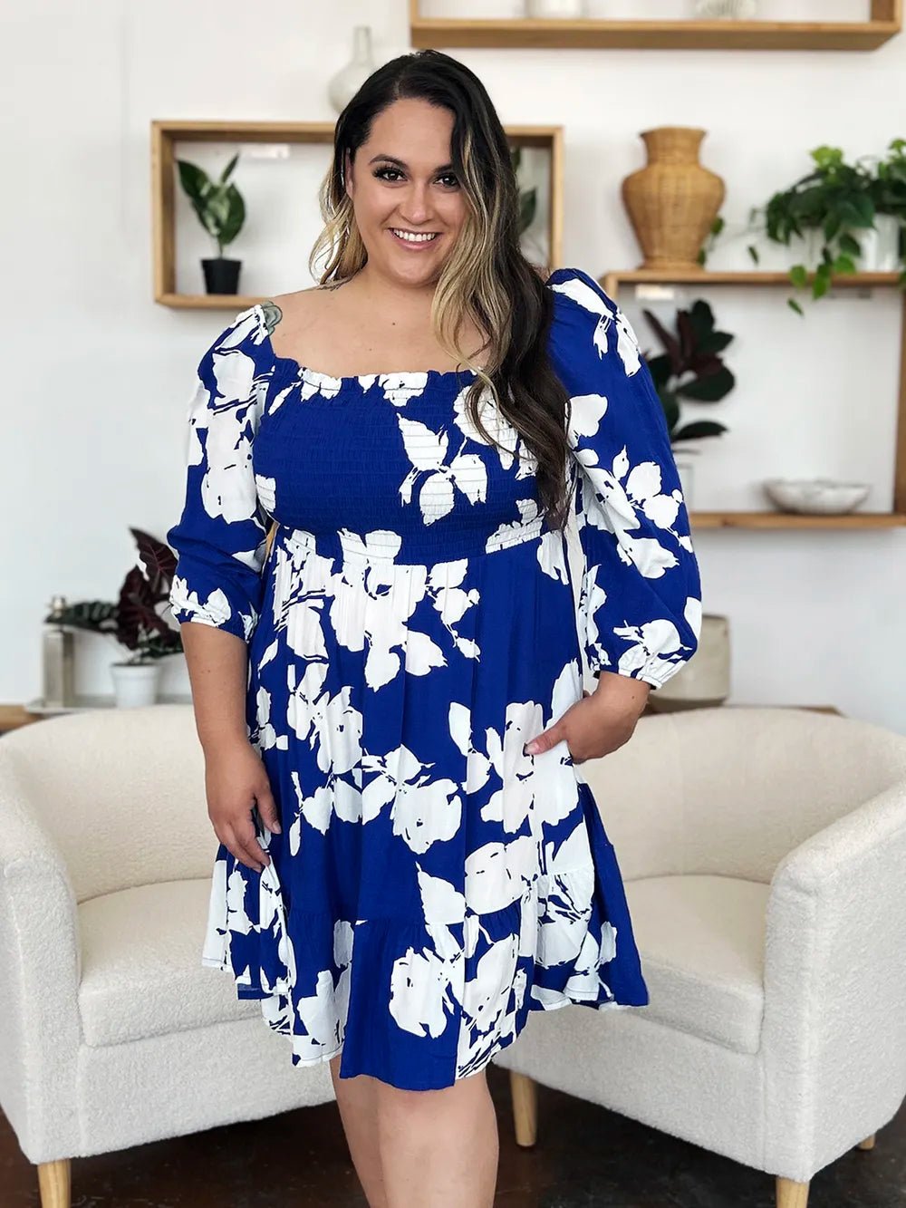 Double Take Full Size Floral Ruffle Hem Smocked Dress with Pockets - adritiX